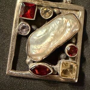 Sterling Silver 925 Baroque Pearl Garnet Citrine Artisan Pendant